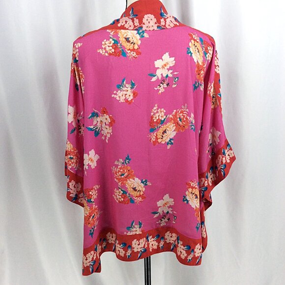 Mahila Kimono Cardigan OS Floral Pink Red Open Front Flowy Modal - Picture 3 of 10